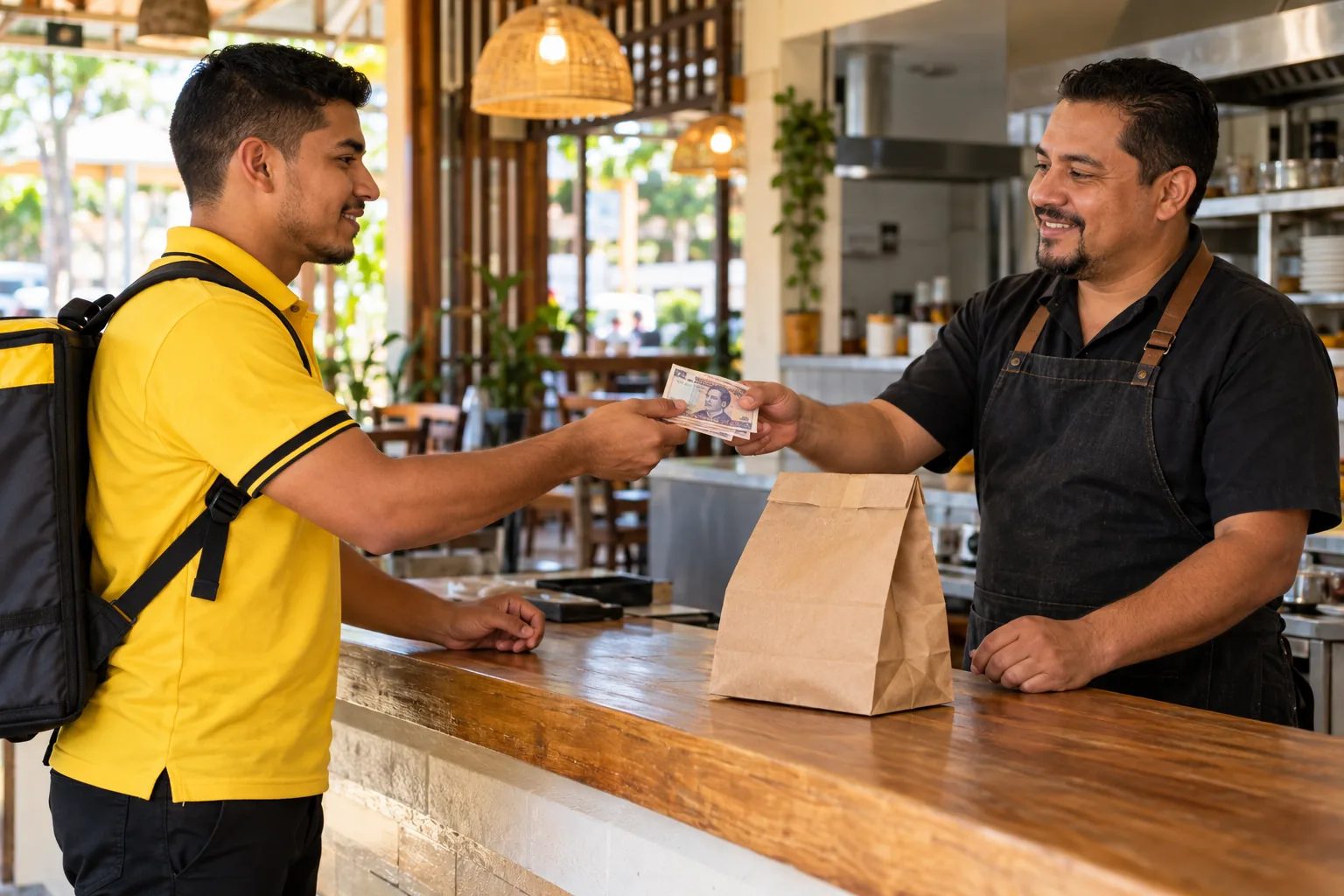 Conductor de HonduGo pagando en efectivo al restaurante al recoger un pedido